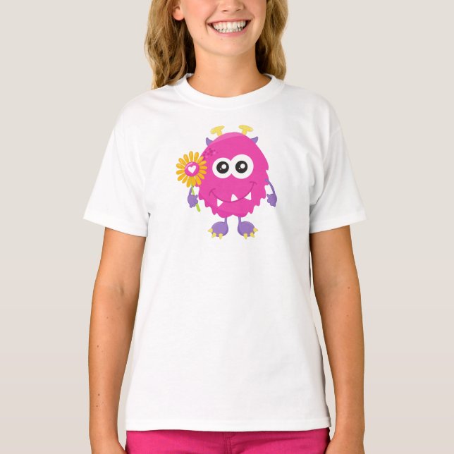 Frühjahrsmonster, rosa Monster, Blume, Hörner T-Shirt (Vorderseite)