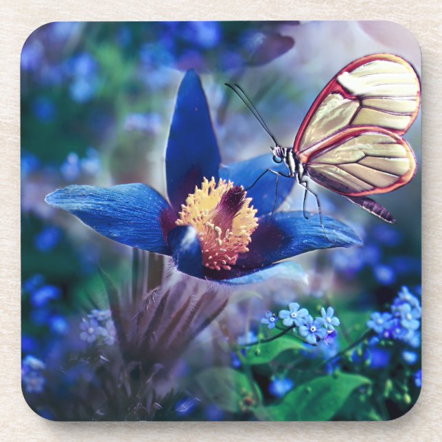 Frühjahrsschmetterling auf blauer Blume Getränkeuntersetzer (Vorderseite)
