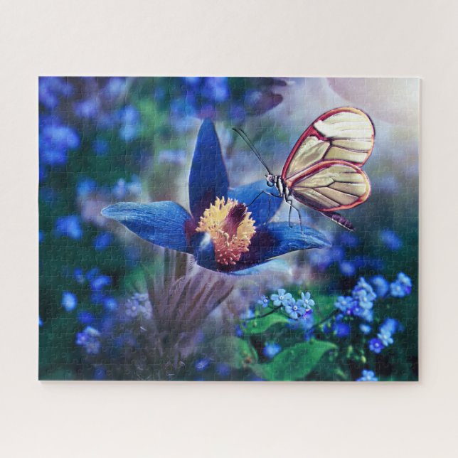 Frühjahrsschmetterling auf blauer Blume Puzzle (Horizontal)