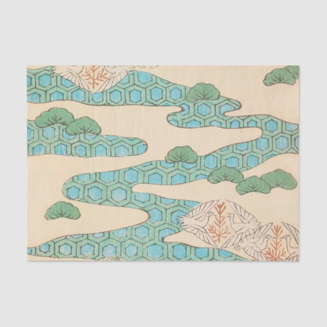 Frühjahrsvögel auf Hexagon Mountains Vintag Japani Seidenpapier (Vorderseite)