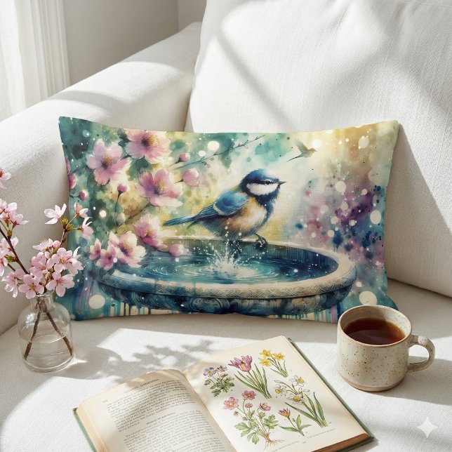 Frühjahrsvogelbad Wasserfarbe Lendenkissen (Spring Bird Bath Watercolor Lumbar Pillow Mockup A)