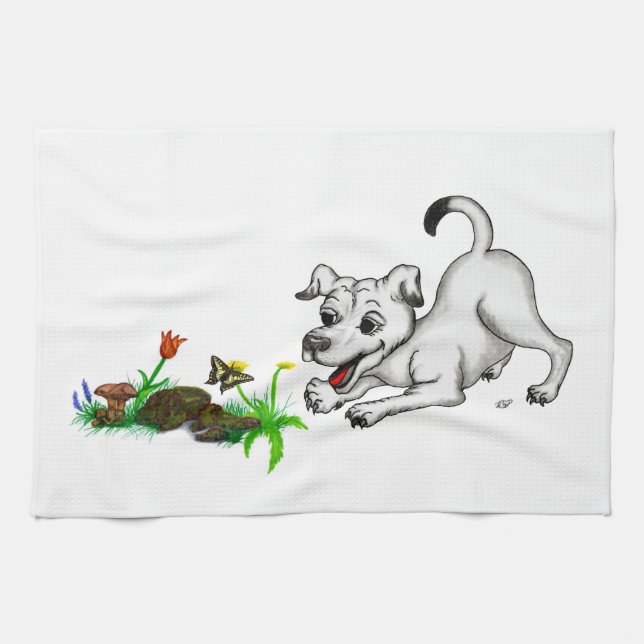 Frühjahrswache, Welpe mit Schmetterling Küchentuch (Horizontal)