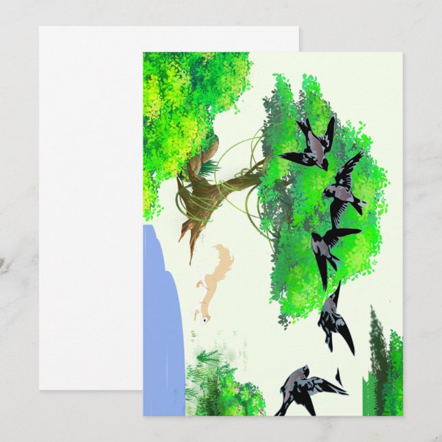 Frühjahrswald mit Vögeln und Eichhörnchen - Natur Einladung (Vorne/Hinten)