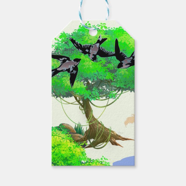 Frühjahrswald mit Vögeln und Eichhörnchen - Natur Geschenkanhänger (Vorderseite)