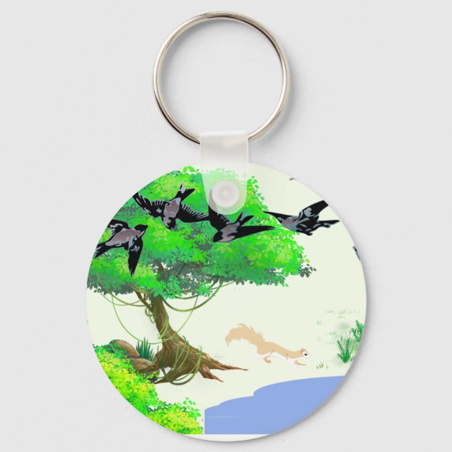 Frühjahrswald mit Vögeln und Eichhörnchen - Natur Schlüsselanhänger (Vorderseite)