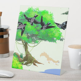 Frühjahrswald mit Vögeln und Eichhörnchen - Natur Sockelschild