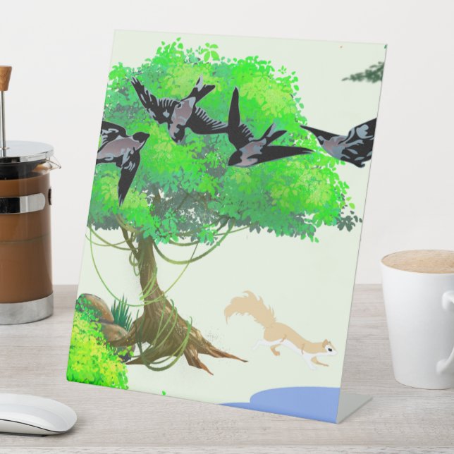 Frühjahrswald mit Vögeln und Eichhörnchen - Natur Sockelschild (In Situ)