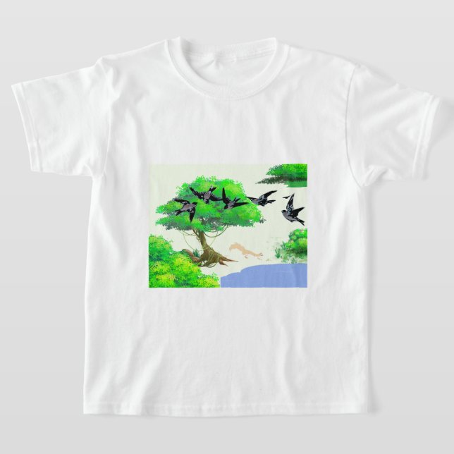 Frühjahrswald mit Vögeln und Eichhörnchen - Natur T-Shirt (Ablage )