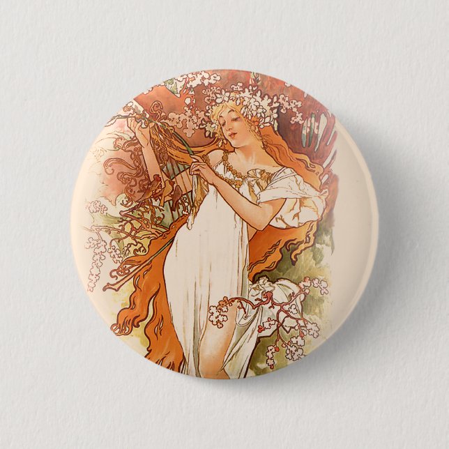 Frühling - Alphonse Mucha Art Nouveau Button (Vorderseite)
