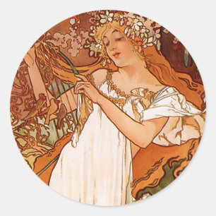 Frühling - Alphonse Mucha Art Nouveau Runder Aufkleber