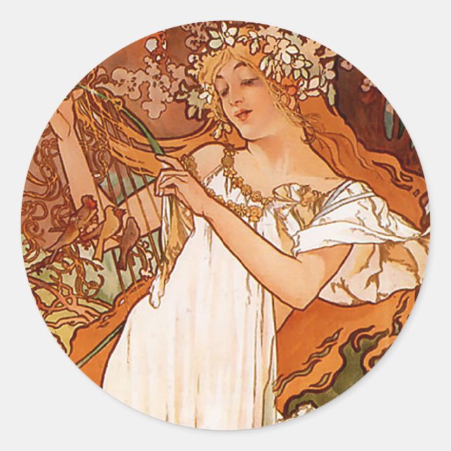Frühling - Alphonse Mucha Art Nouveau Runder Aufkleber (Vorderseite)