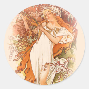 Frühling - Alphonse Mucha Art Nouveau Runder Aufkleber