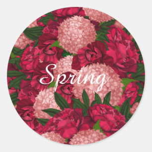 Frühling. Blühende Pfannenbäume und Hydrangeas. Runder Aufkleber