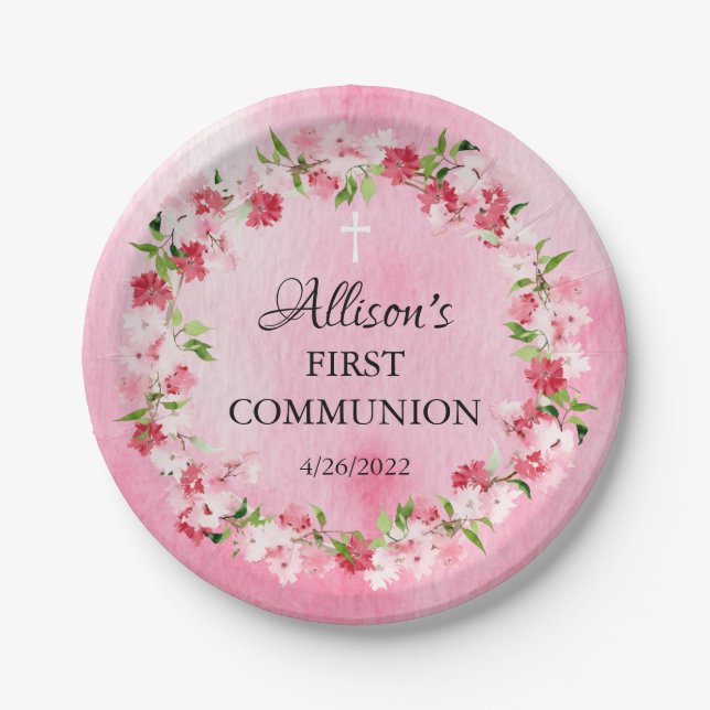 Frühling blüht florale Kommunion Papier Teller (Vorderseite)