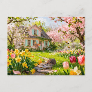 Frühling Cottage mit Bienen, Igel und Blütenpracht Postkarte