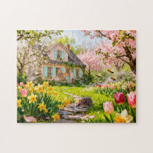 Frühling Cottage mit Bienen, Igel und Blütenpracht Puzzle