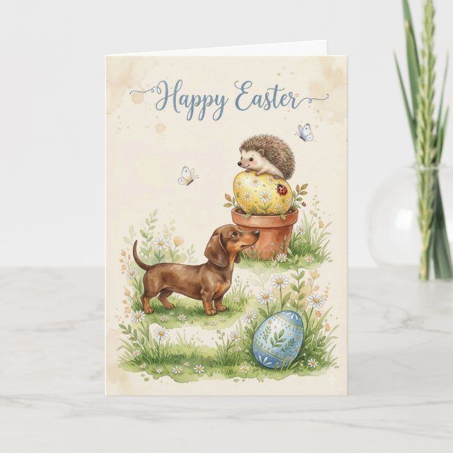 Frühling Dachshund und Igel Oster Szene Karte (Vorderseite)