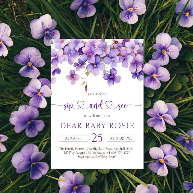 Frühling Delicate Violet Blume Baby Sip und sehen Einladung (Spring Delicate Violet Flowers Baby Sip and See Invitation)