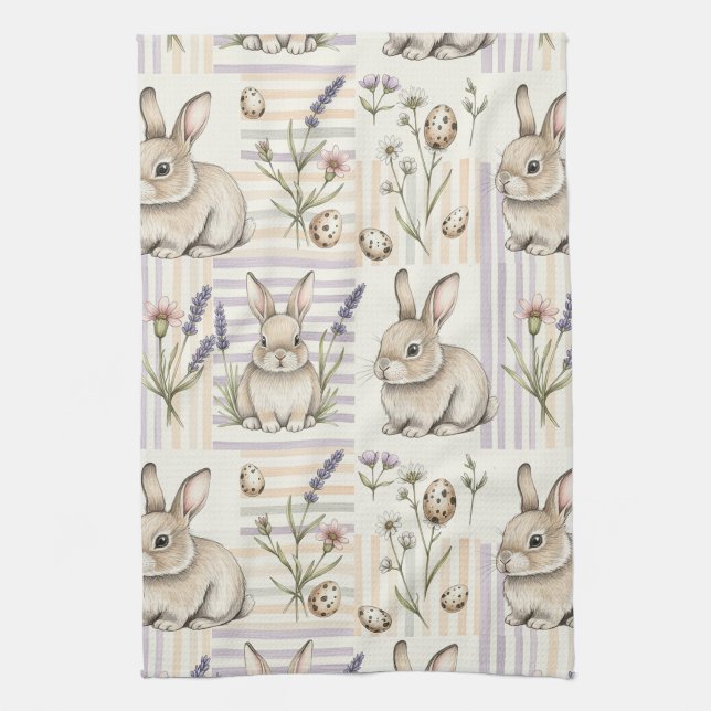 Frühling Hasen Lavendel Blumen Ei Geschirrtuch (Vertikal)