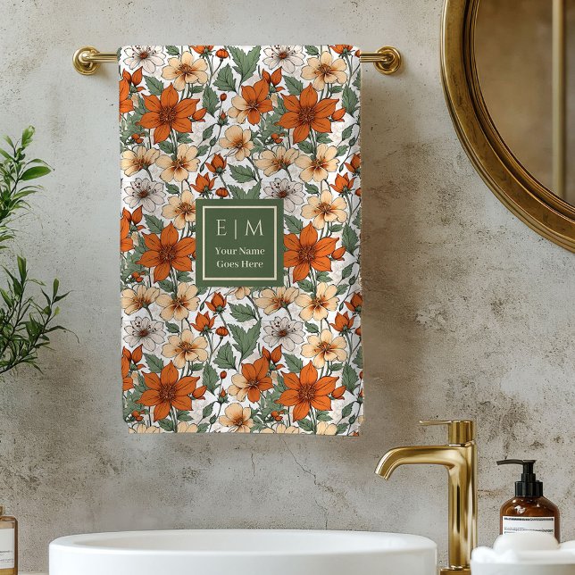 Frühling Herbst Florale Olive Rost Personalisierte Badhandtuch Set (Fresh Autumn Floral Olive Rust Personalized Towel)