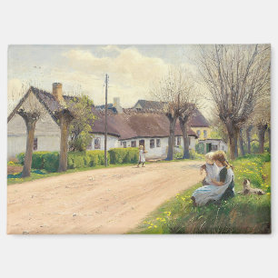 Frühling im Dorf mit Mädchen auf der Straße Magnet