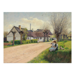 Frühling im Dorf mit Mädchen auf der Straße Poster