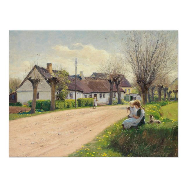 Frühling im Dorf mit Mädchen auf der Straße Poster (Vorderseite)