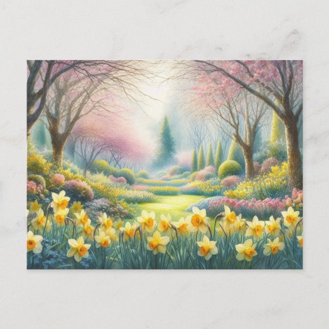 Frühling im Park mit blühenden Affodien Postkarte (Vorderseite)