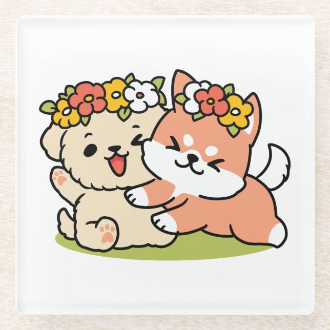 Frühling in Farbe - Adorable Hunde Illustration Glasuntersetzer (Vorderseite)