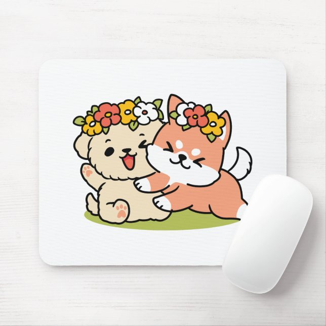 Frühling in Farbe - Adorable Hunde Illustration Mousepad (Mit Mouse)