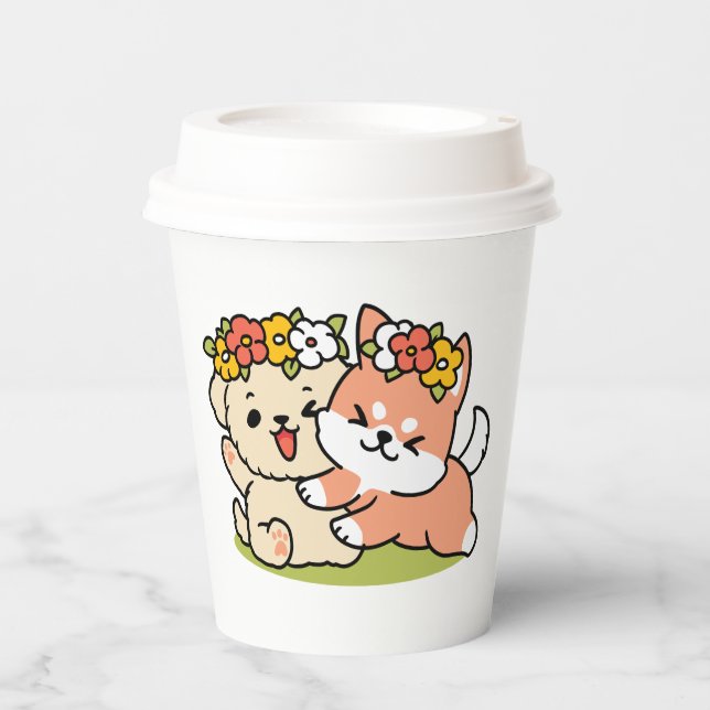 Frühling in Farbe - Adorable Hunde Illustration Pappbecher (Vorderseite)