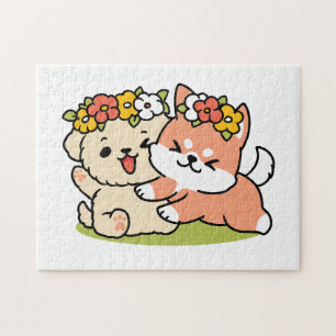 Frühling in Farbe - Adorable Hunde Illustration Puzzle
