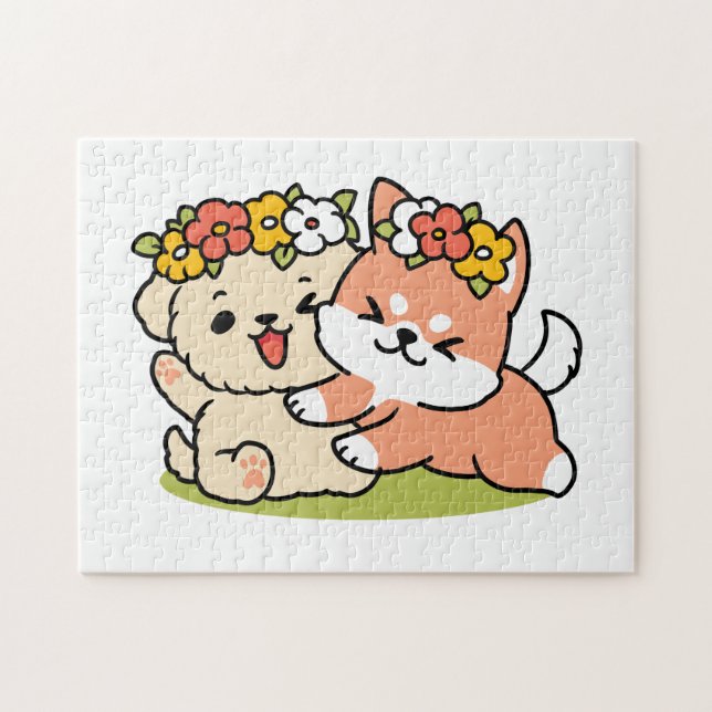 Frühling in Farbe - Adorable Hunde Illustration Puzzle (Horizontal)