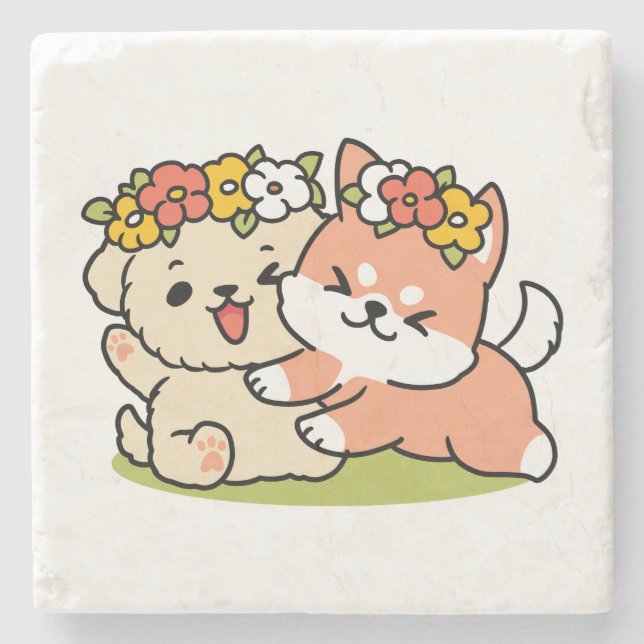 Frühling in Farbe - Adorable Hunde Illustration Steinuntersetzer (Vorderseite)