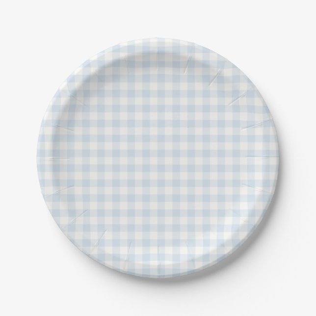 Frühling Klassisches Gingham | Puderblau Pappteller (Vorderseite)