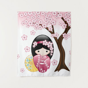 Frühling Kokeshi-Puppe - Süße japanische Geisha-Da Wandteppich