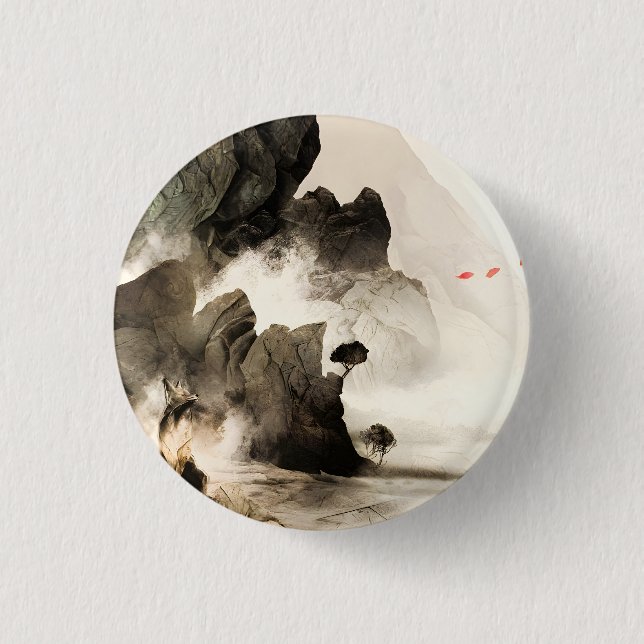 Frühling Mystischer Fuchs Nebelberg Minimalistisch Button (Vorderseite)