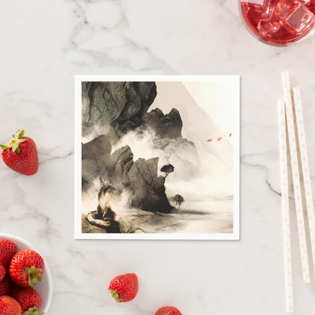 Frühling Mystischer Fuchs Nebelberg Minimalistisch Serviette (Beispiel)