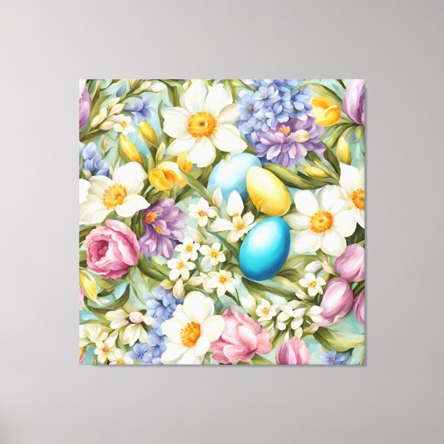 Frühling. Narzissen, Hyazinthen, Tulpen, Ostereier Leinwanddruck (Vorderseite)