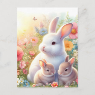 Frühling Osterhase Familie Blumen Garten Feiertagspostkarte
