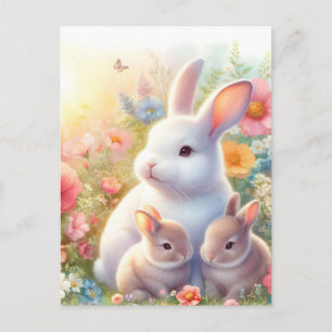 Frühling Osterhase Familie Blumen Garten Feiertagspostkarte