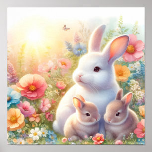 Frühling Osterhase Familie Blumen Garten Poster