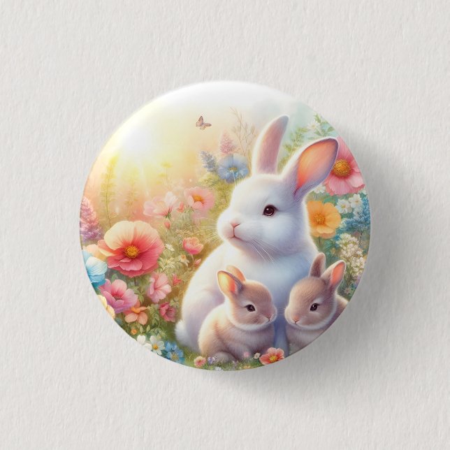 Frühling Osterhasen-Familie Blumen Garten Button (Vorderseite)