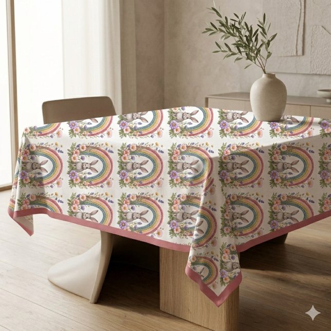 Frühling Ostern Hase Regenbogen Kunst Wildblumen W Tischdecke (Spring Easter Bunny Rainbow Art Wildflowers Meadow Tablecloth)