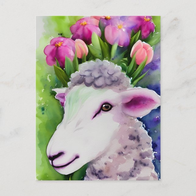 Frühling Ostern Lamm Floral Wasserfarbe Postkarte (Vorderseite)