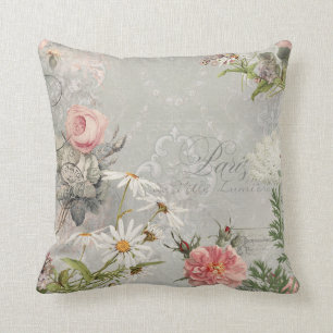 Frühling Paris Vintage Blumen Grau Ephemera Damast Kissen