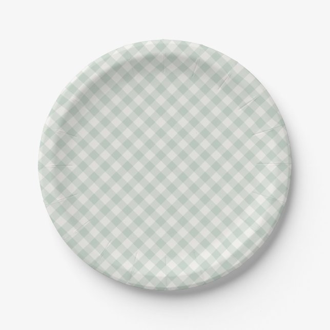 Frühling Retro Gingham | Gedämpfter Salbei Pappteller (Vorderseite)