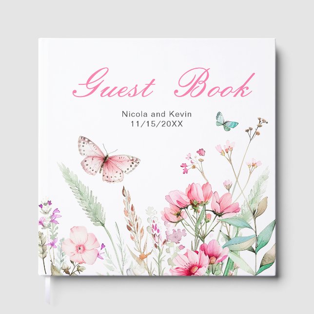 Frühling Rosa Schmetterling Florale Hochzeit Gästebuch (Vorderseite)