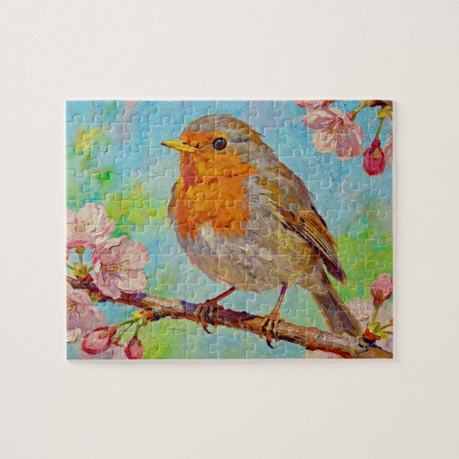 Frühling-Rotkehlchen in Kirschblüten-Ölgemälde Puzzle (Horizontal)