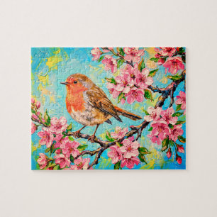 Frühling-Rotkehlchen in Kirschblüten-Ölgemälde Puzzle